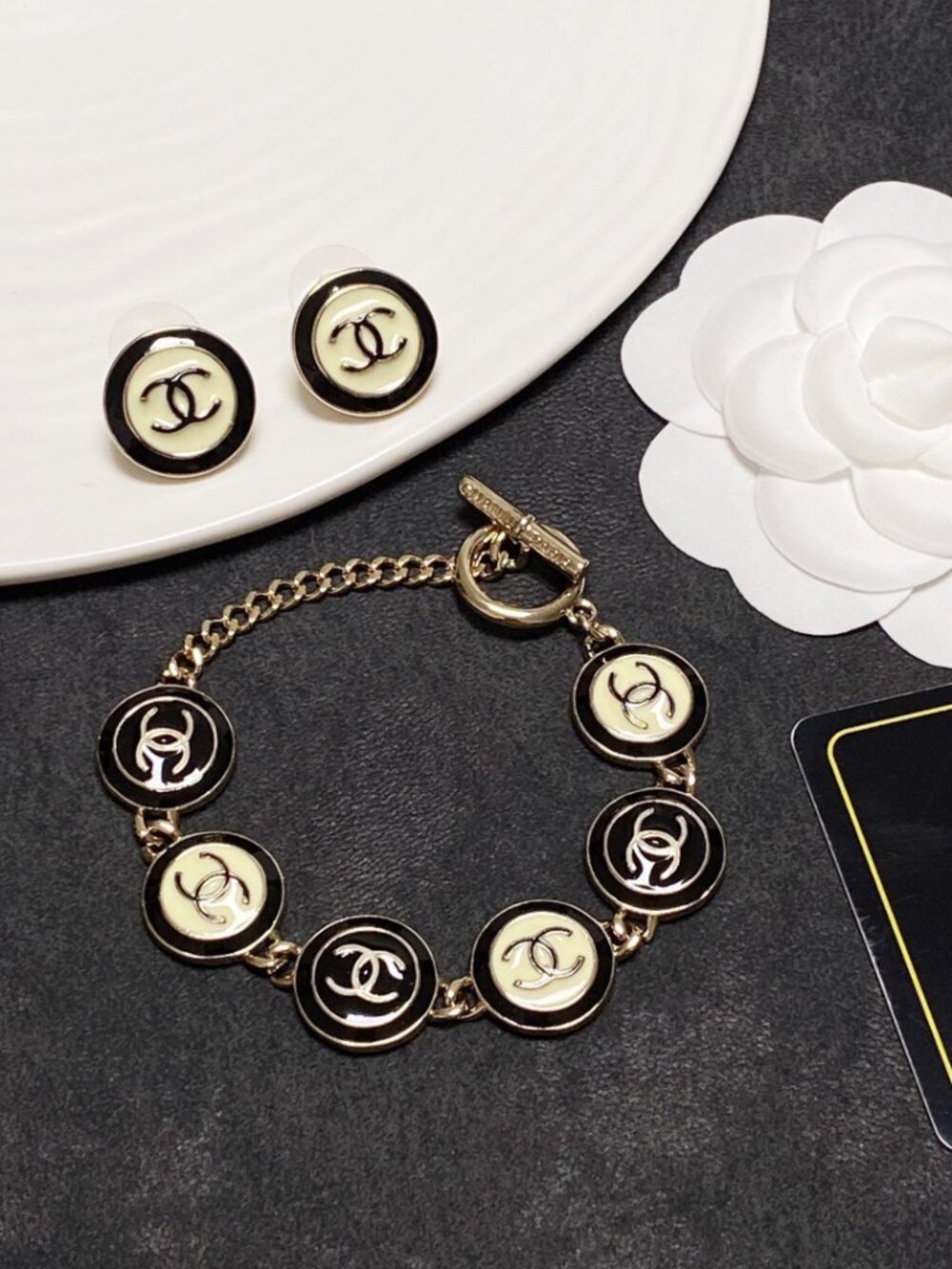 Chanel Black & Gold Enamel CC Logo Toggle Bracelet
